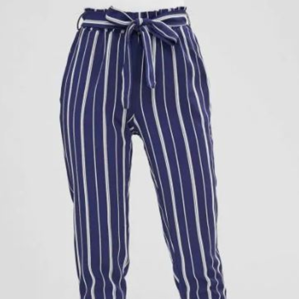 Belted Striped Straight Pants